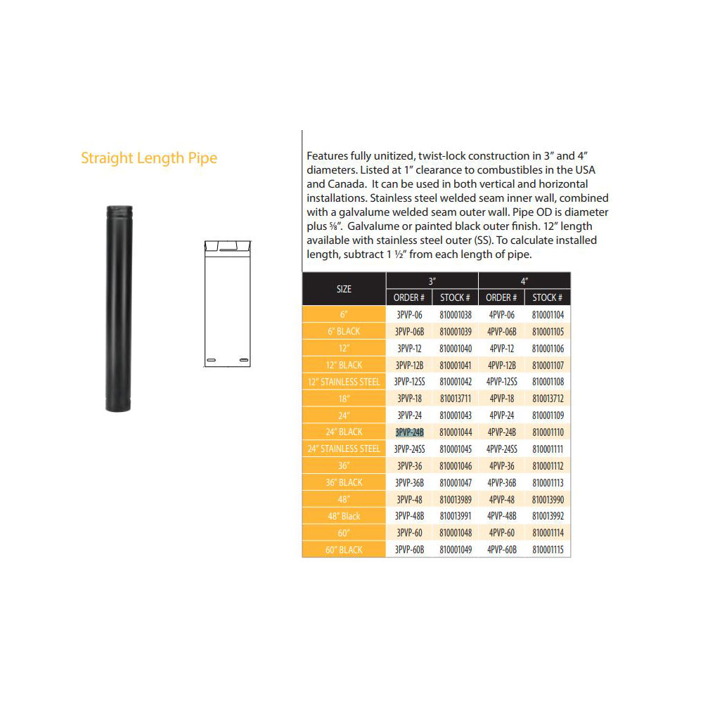 3PVP-24B | 3" x 24" PelletVent Pro Double-Wall Black Pipe Length