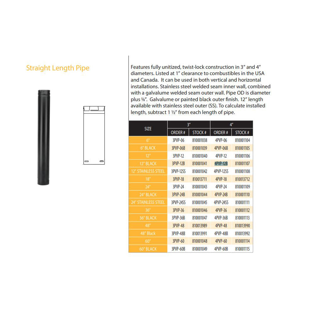 4PVP-12B | 4" x 12" PelletVent Pro Double-Wall Black Pipe Length