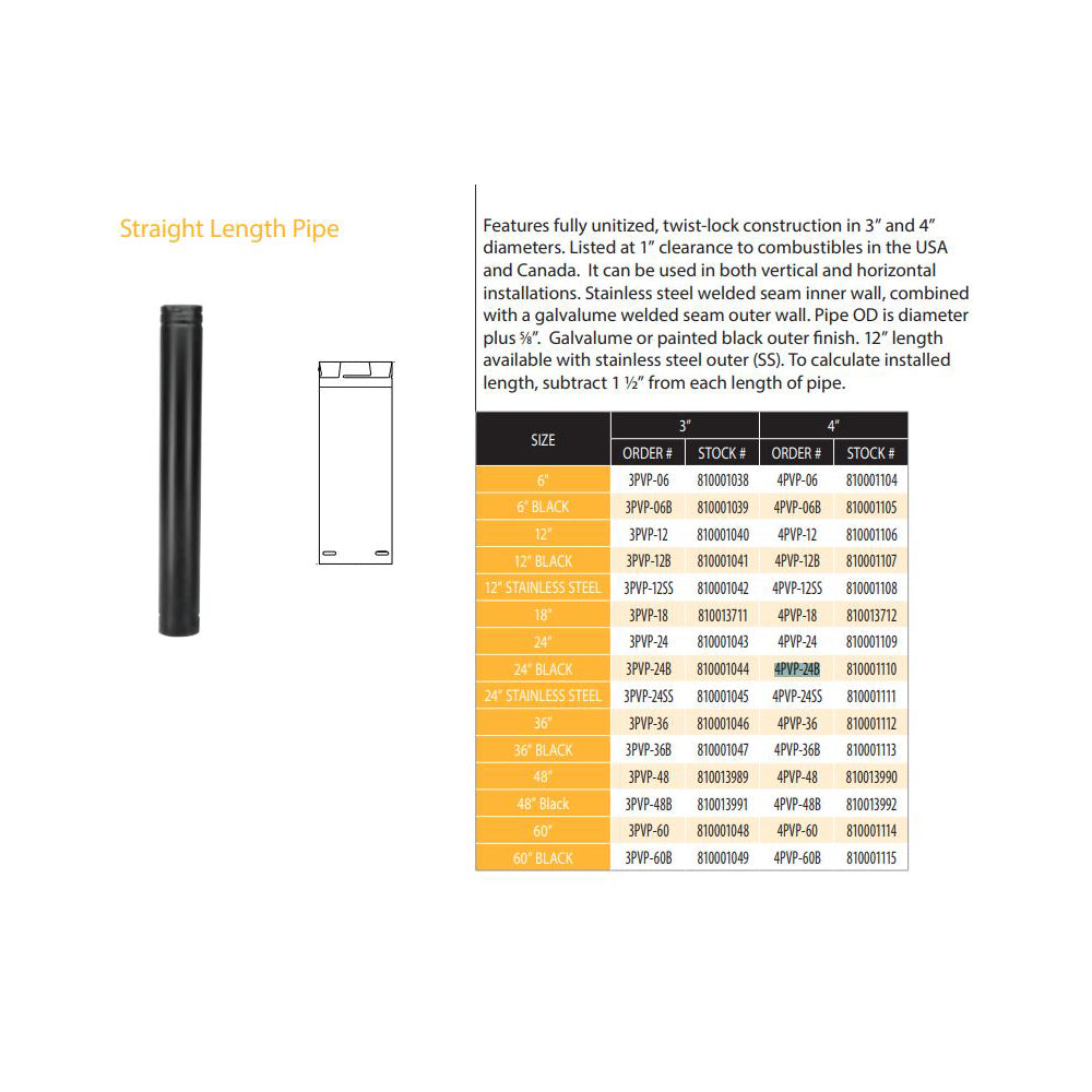 4PVP-24B | 4" x 24" PelletVent Pro Double-Wall Black Pipe Length