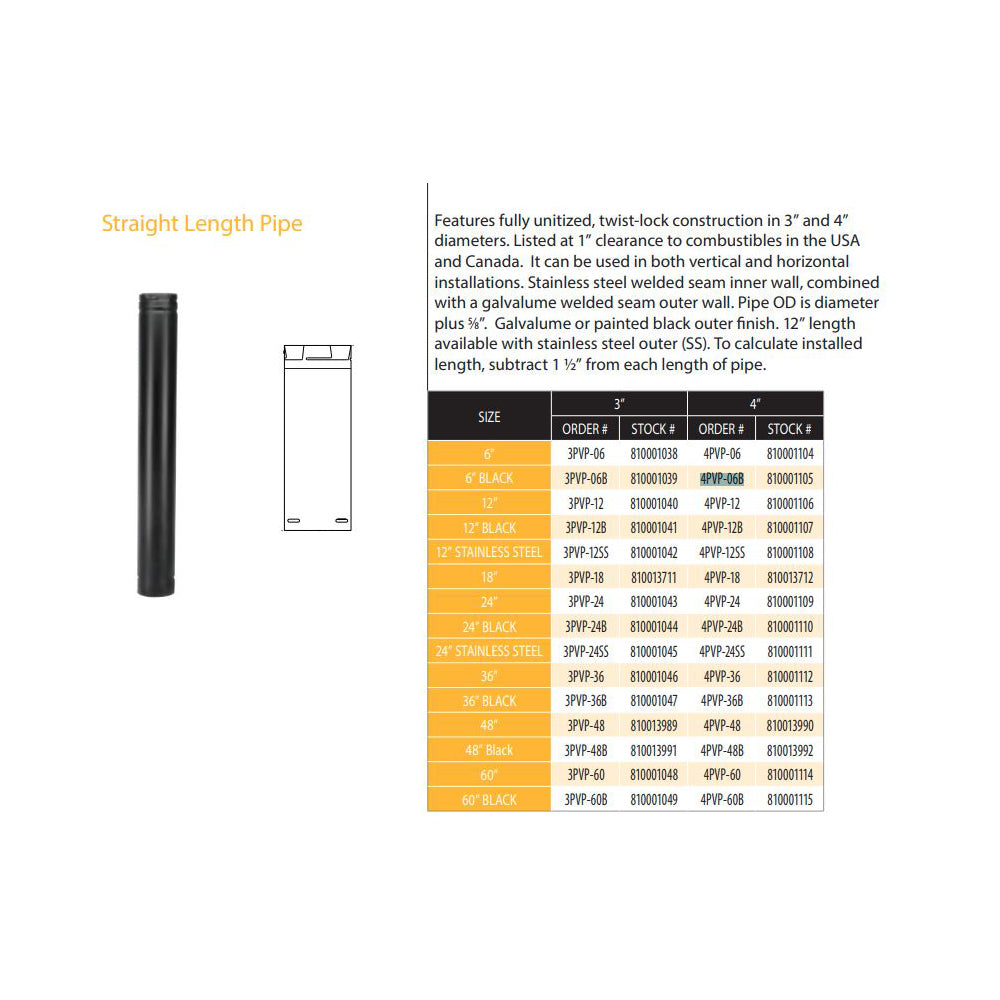 4PVP-06B | 4" x 6" PelletVent Pro Double-Wall Black Pipe Length