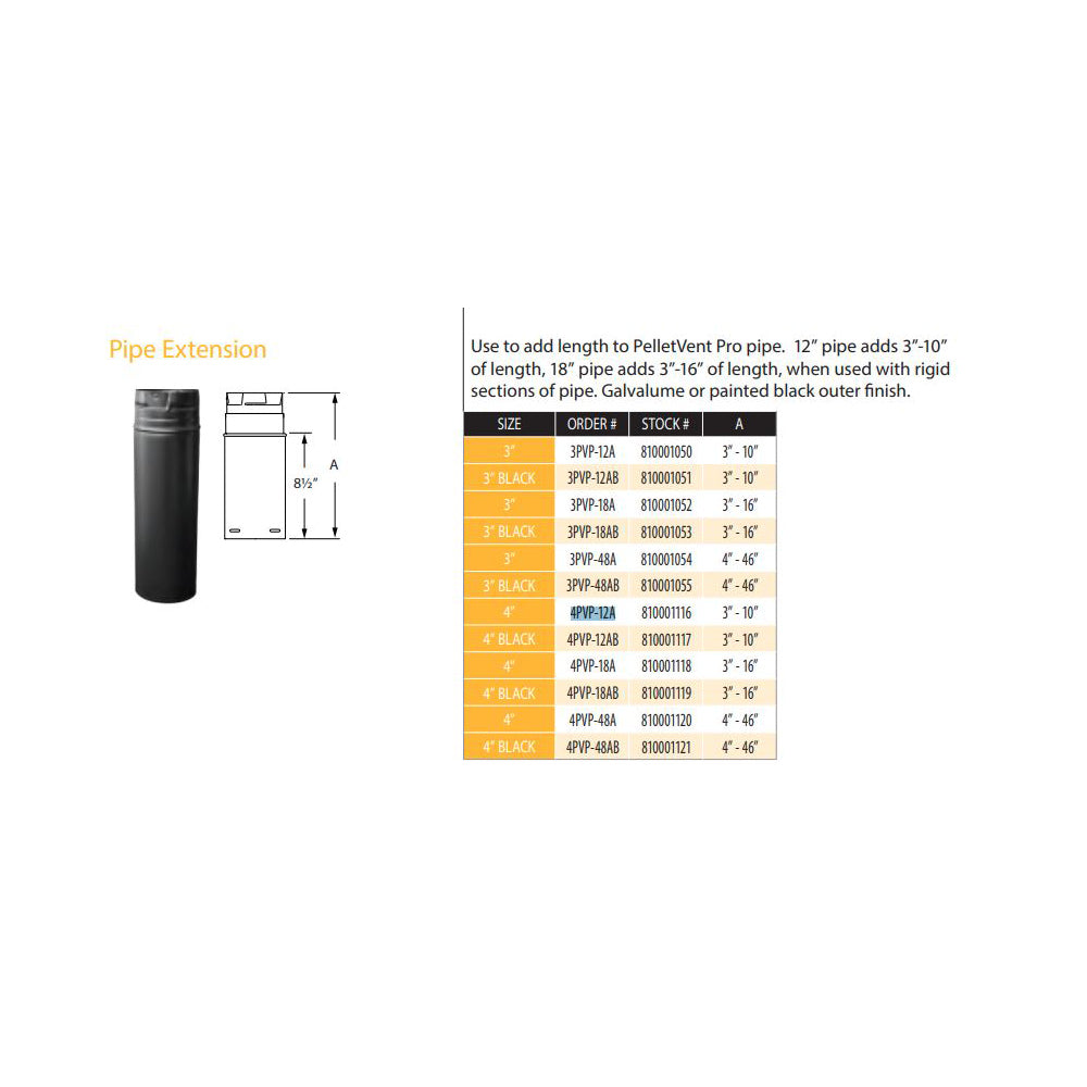 4PVP-12A | 4" X 12" PelletVent Pro Galvalume Pipe Extension