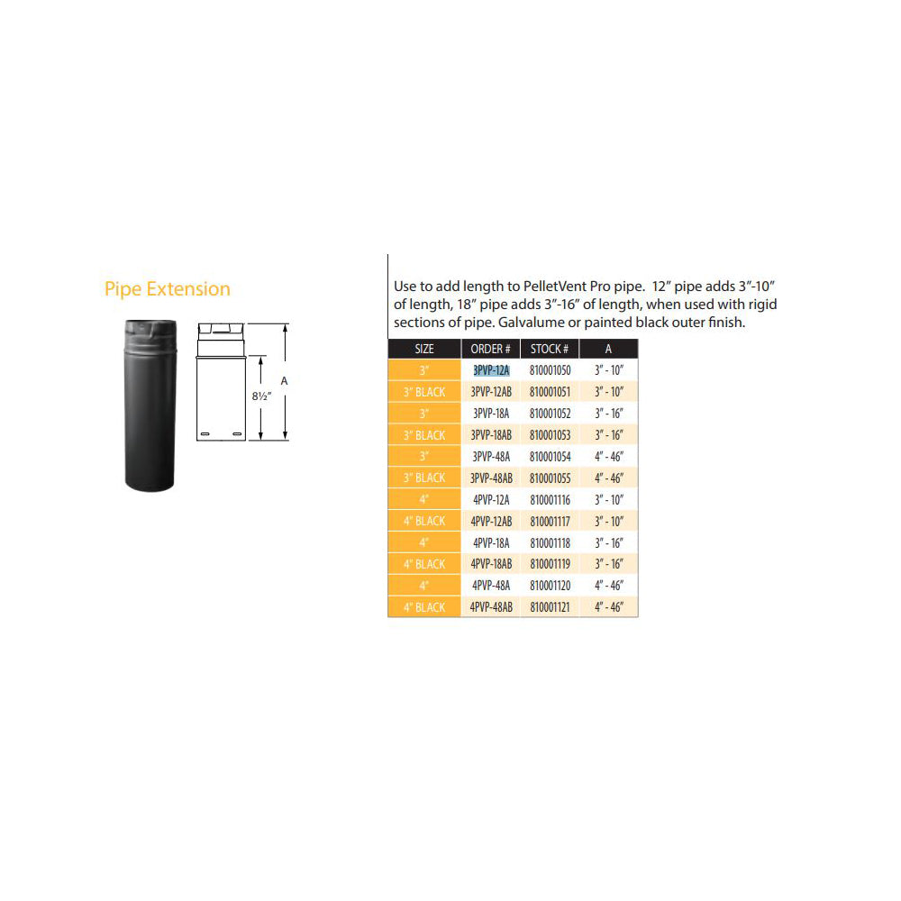3PVP-12A | 3" X 12" PelletVent Pro Galvalume Pipe Extension