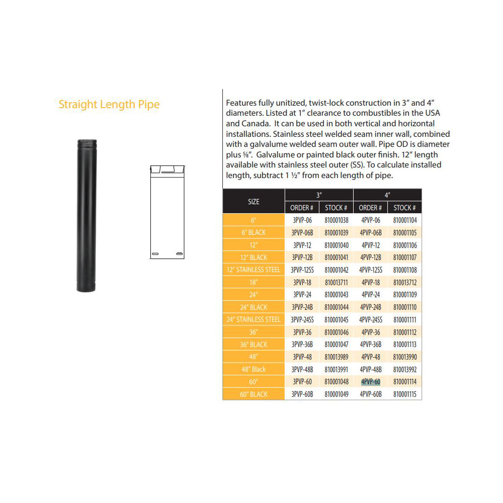 4PVP-60 | 4" x 60" PelletVent Pro Double-Wall Galvalume Pipe Length