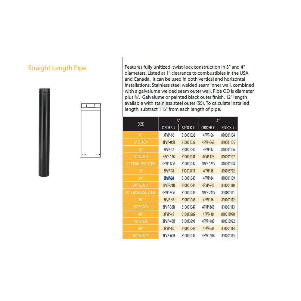 3PVP-24 | 3" x 24" PelletVent Pro Double-Wall Galvalume Pipe Length
