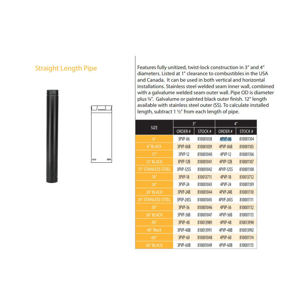 4PVP-06 | 4" DuraVent PelletVent Pro Double-Wall Galvalume 6" Pipe Length