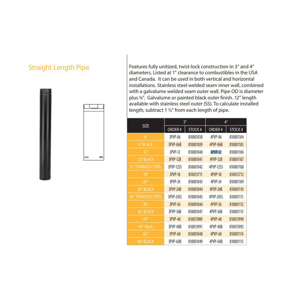 4PVP-12 | 4" x 12" PelletVent Pro Double-Wall Galvalume Pipe Length