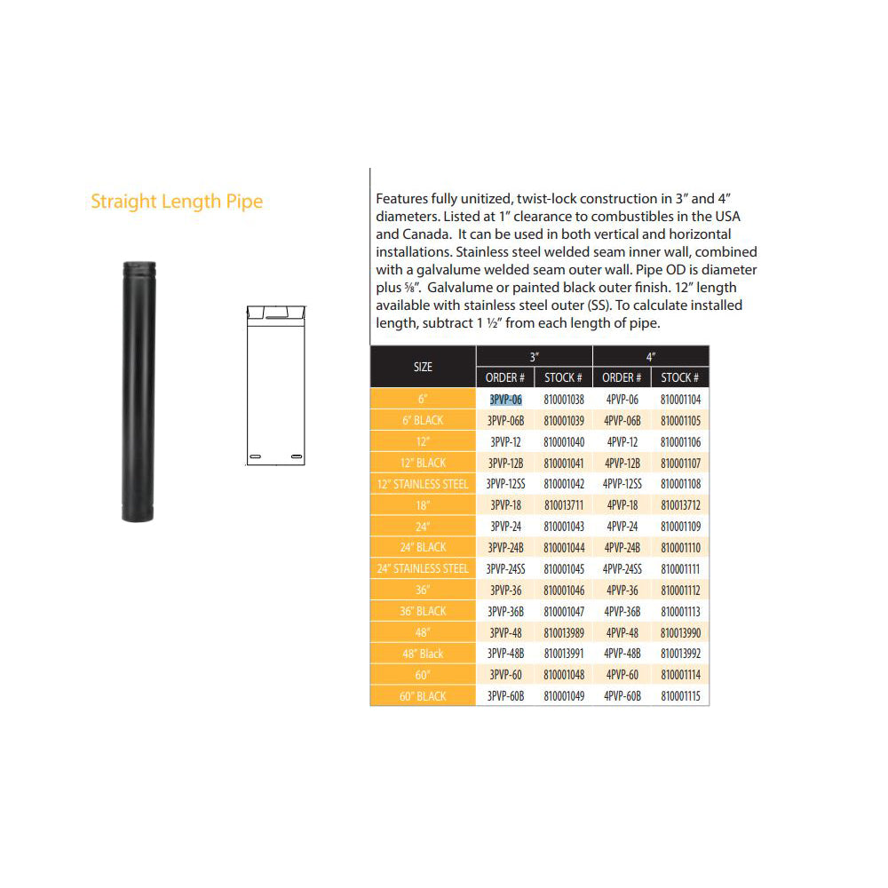 3PVP-06 | 3" x 6" PelletVent Pro Double-Wall Galvalume Pipe Length